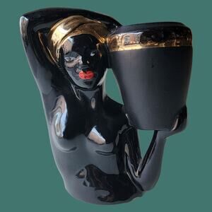 Vintage MCM Black and Gold Ceramic "Nubian Woman with Water Jug" Bust Vase